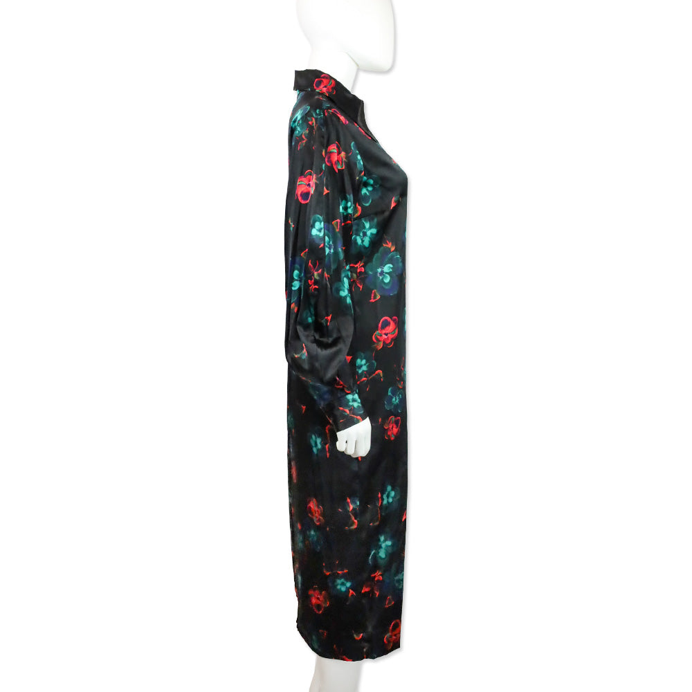 Ganni Black Red Floral Print Silk Stretch Satin Midi Dress