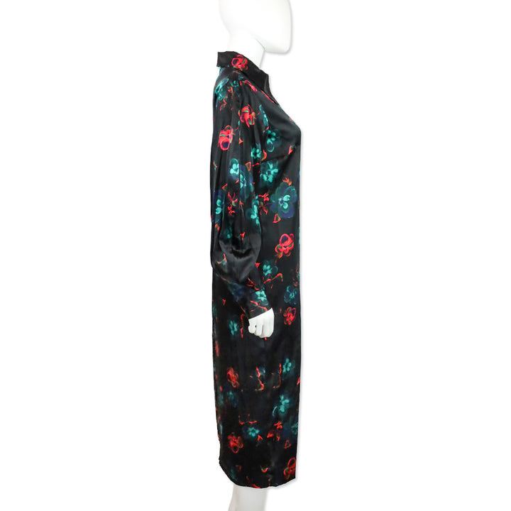 Ganni Black Red Floral Print Silk Stretch Satin Midi Dress