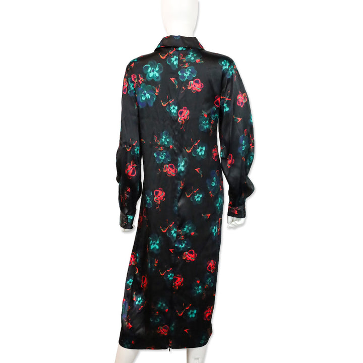 Ganni Black Red Floral Print Silk Stretch Satin Midi Dress