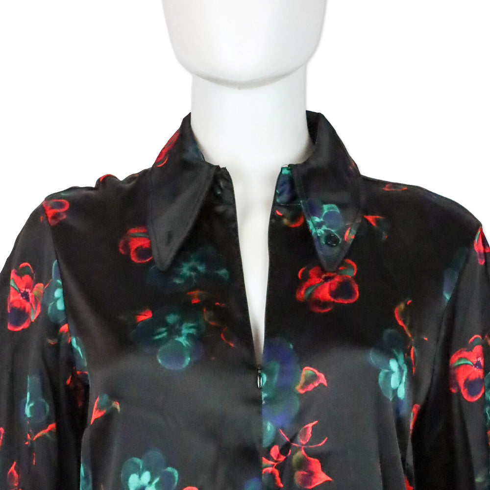 Ganni Black Red Floral Print Silk Stretch Satin Midi Dress