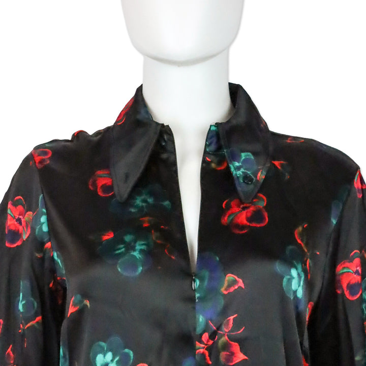 Ganni Black Red Floral Print Silk Stretch Satin Midi Dress