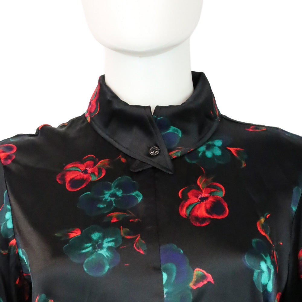Ganni Black Red Floral Print Silk Stretch Satin Midi Dress