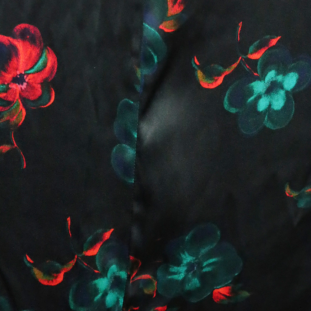 Ganni Black Red Floral Print Silk Stretch Satin Midi Dress
