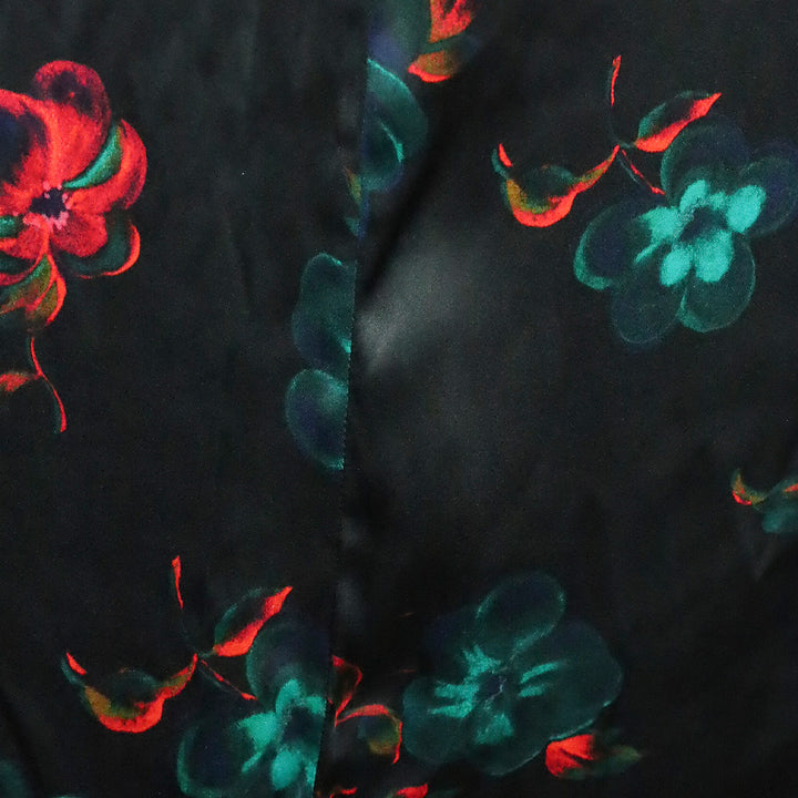 Ganni Black Red Floral Print Silk Stretch Satin Midi Dress