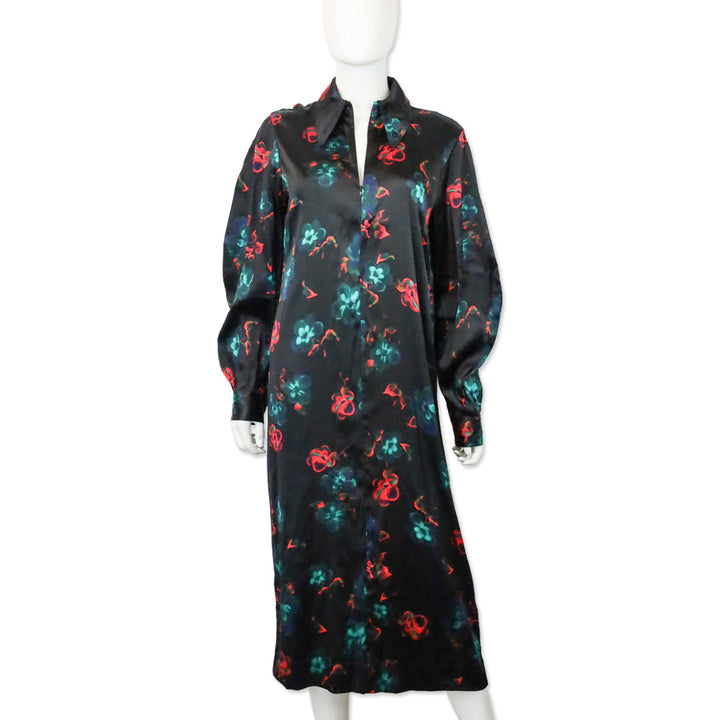 Ganni Black Red Floral Print Silk Stretch Satin Midi Dress