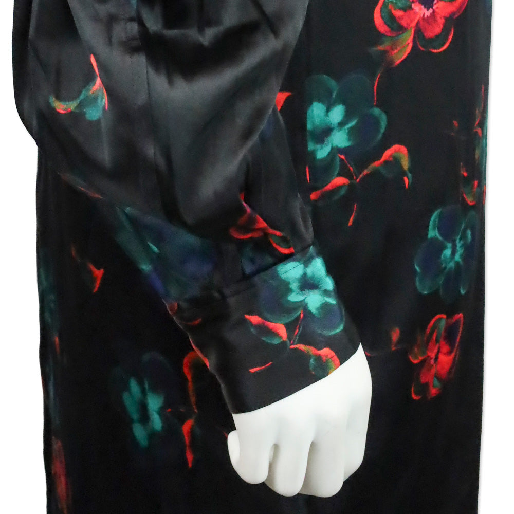 Ganni Black Red Floral Print Silk Stretch Satin Midi Dress