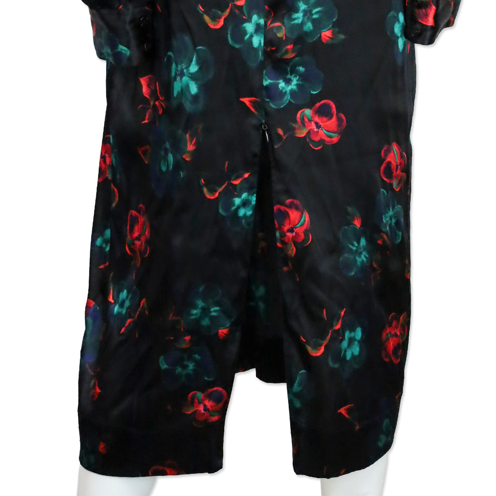Ganni Black Red Floral Print Silk Stretch Satin Midi Dress