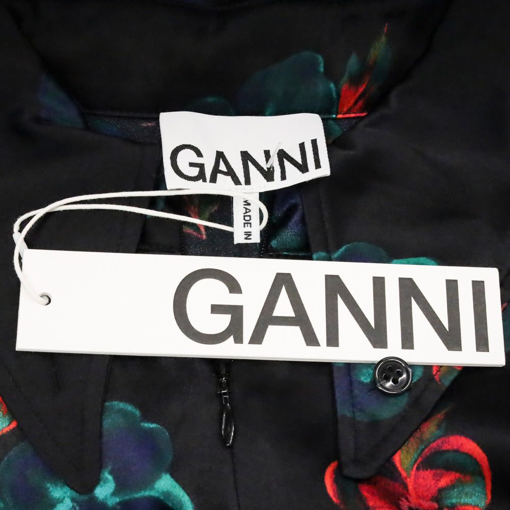 Ganni Black Red Floral Print Silk Stretch Satin Midi Dress