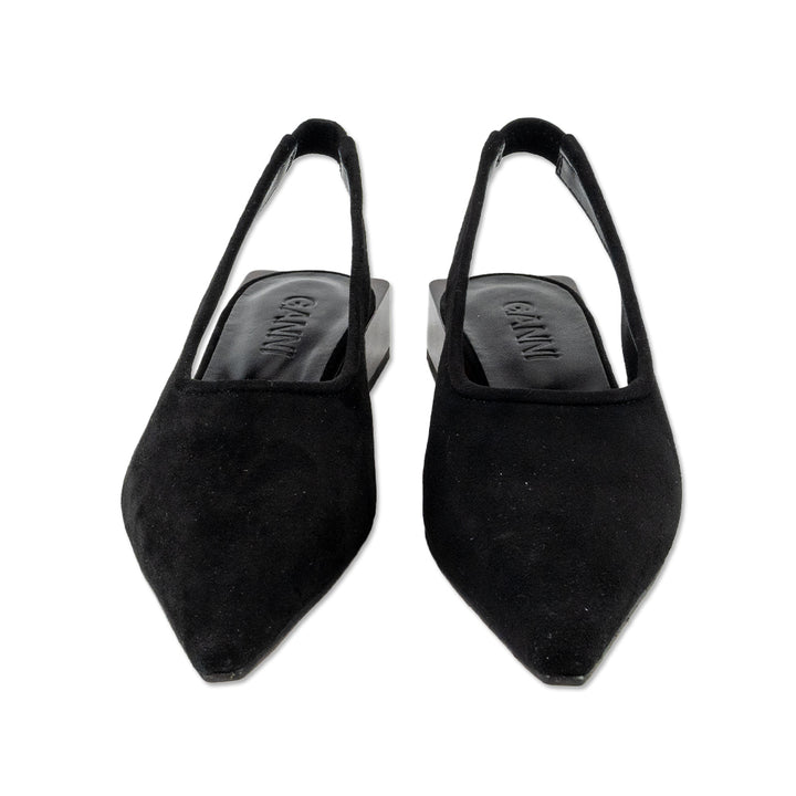 Ganni Black Suede Pointed Toe Flats with Tortoise Shell Block Heel