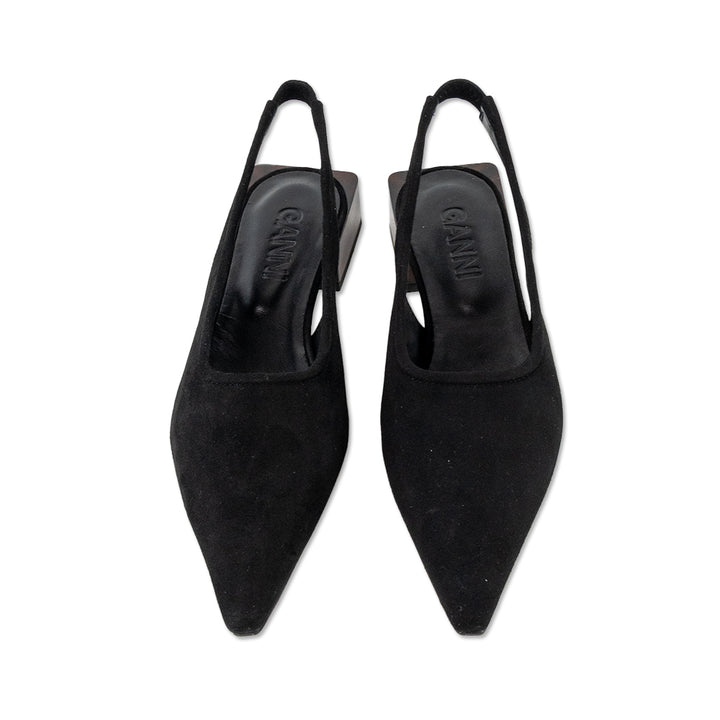 Ganni Black Suede Pointed Toe Flats with Tortoise Shell Block Heel