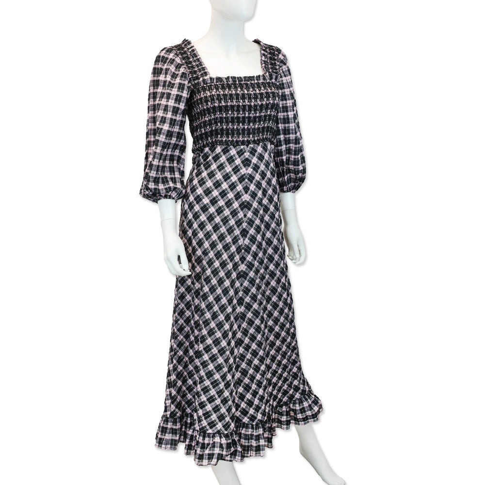 Ganni Black/Lilac Check Cotton-Blend Smocked Seersucker Maxi Dress