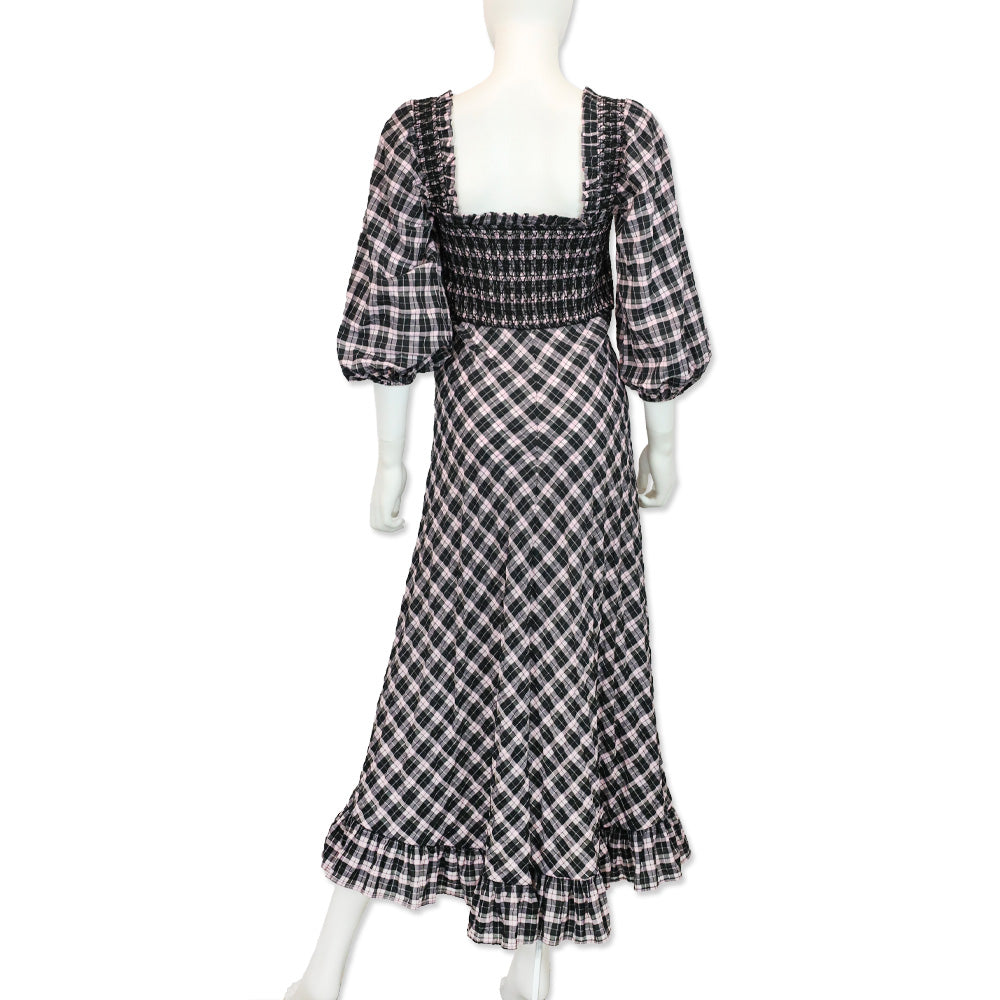 Ganni Black/Lilac Check Cotton-Blend Smocked Seersucker Maxi Dress