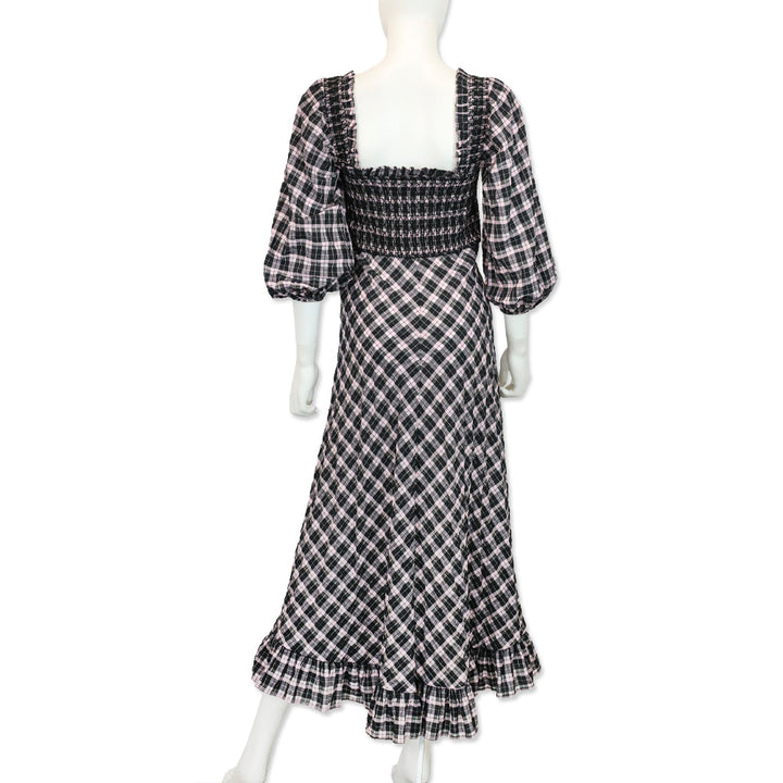 Ganni Black/Lilac Check Cotton-Blend Smocked Seersucker Maxi Dress