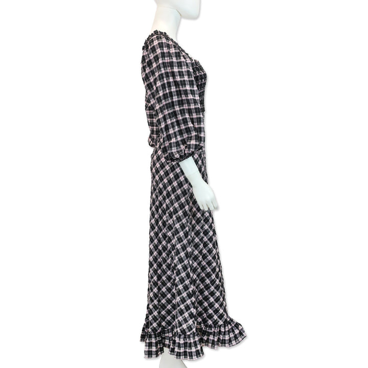 Ganni Black/Lilac Check Cotton-Blend Smocked Seersucker Maxi Dress