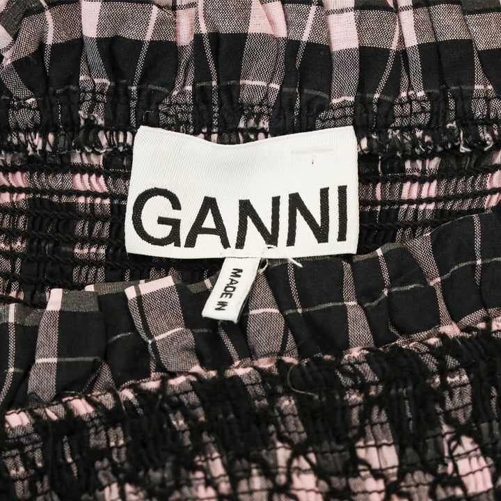 Ganni Black/Lilac Check Cotton-Blend Smocked Seersucker Maxi Dress