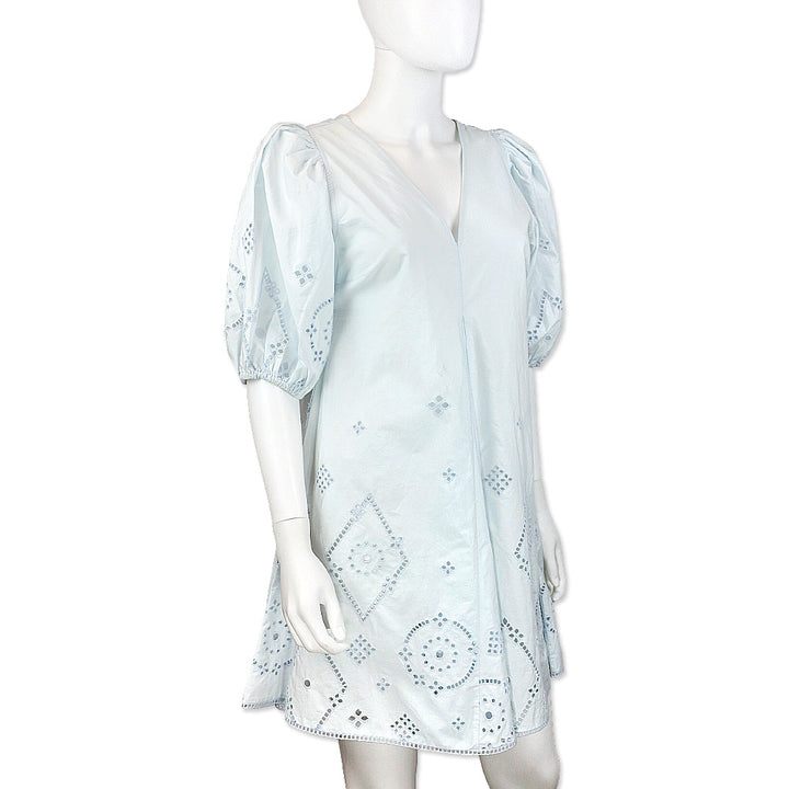 Ganni Illusion Blue Cotton Broderie Anglaise Puff Sleeve Mini Dress