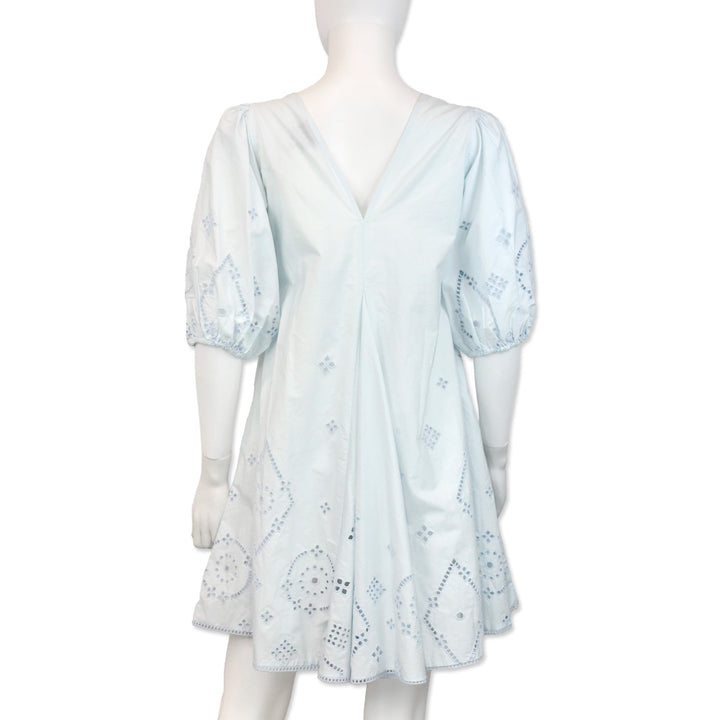 Ganni Illusion Blue Cotton Broderie Anglaise Puff Sleeve Mini Dress