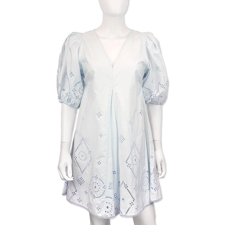 Ganni Illusion Blue Cotton Broderie Anglaise Puff Sleeve Mini Dress