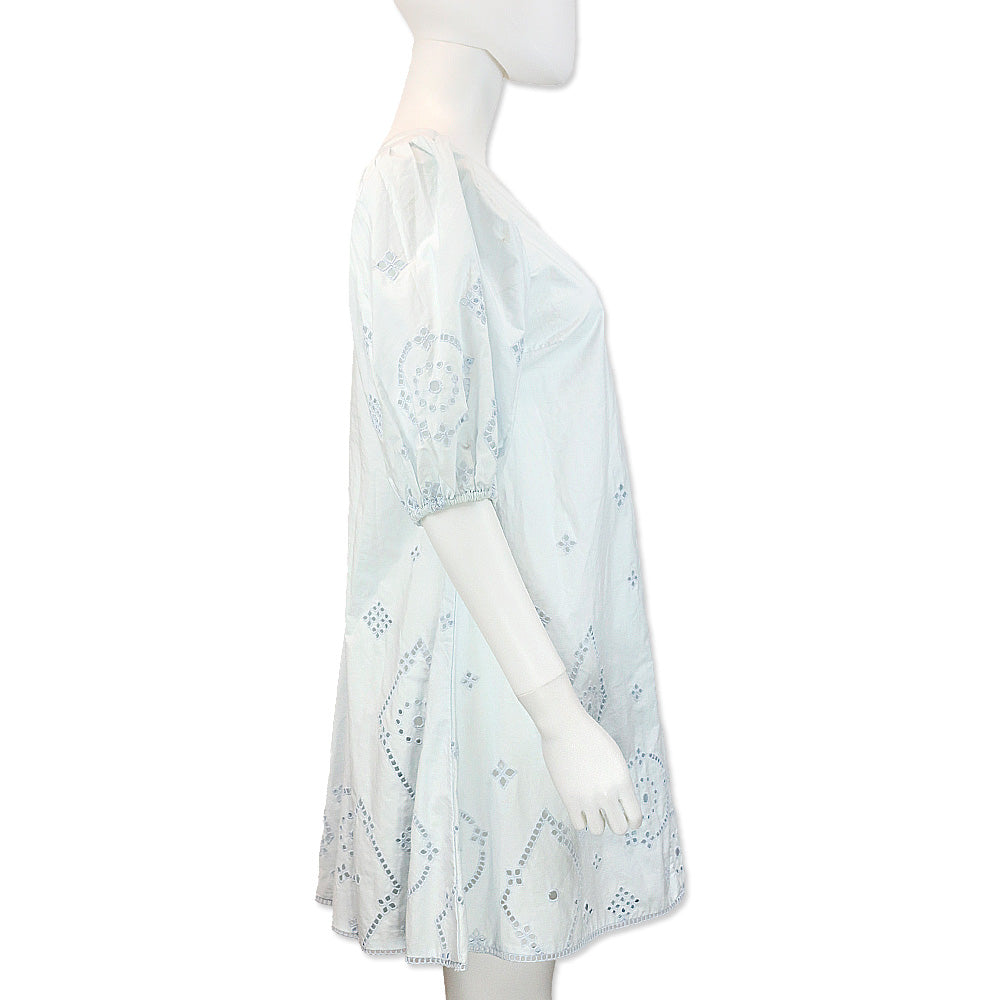 Ganni Illusion Blue Cotton Broderie Anglaise Puff Sleeve Mini Dress