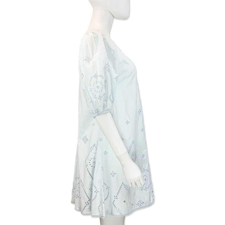 Ganni Illusion Blue Cotton Broderie Anglaise Puff Sleeve Mini Dress