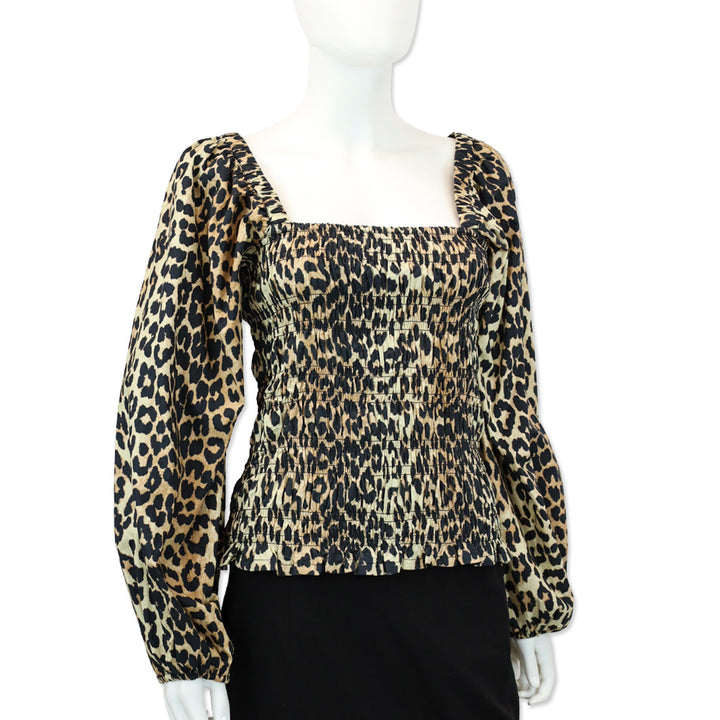 Ganni Leopard-Print Cotton-Poplin Smocked Waist Puff Sleeve Blouse