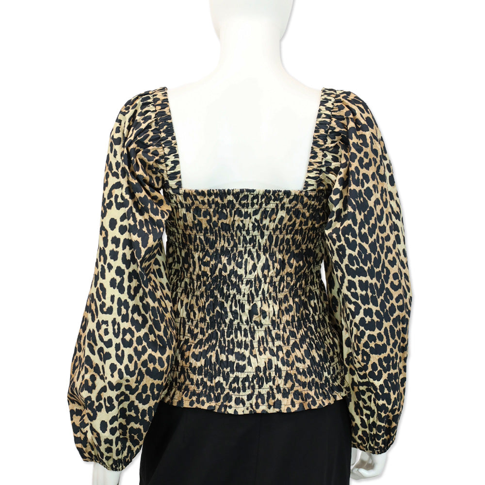 Ganni Leopard-Print Cotton-Poplin Smocked Waist Puff Sleeve Blouse