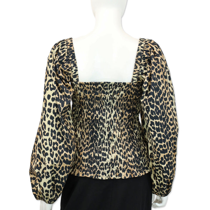 Ganni Leopard-Print Cotton-Poplin Smocked Waist Puff Sleeve Blouse