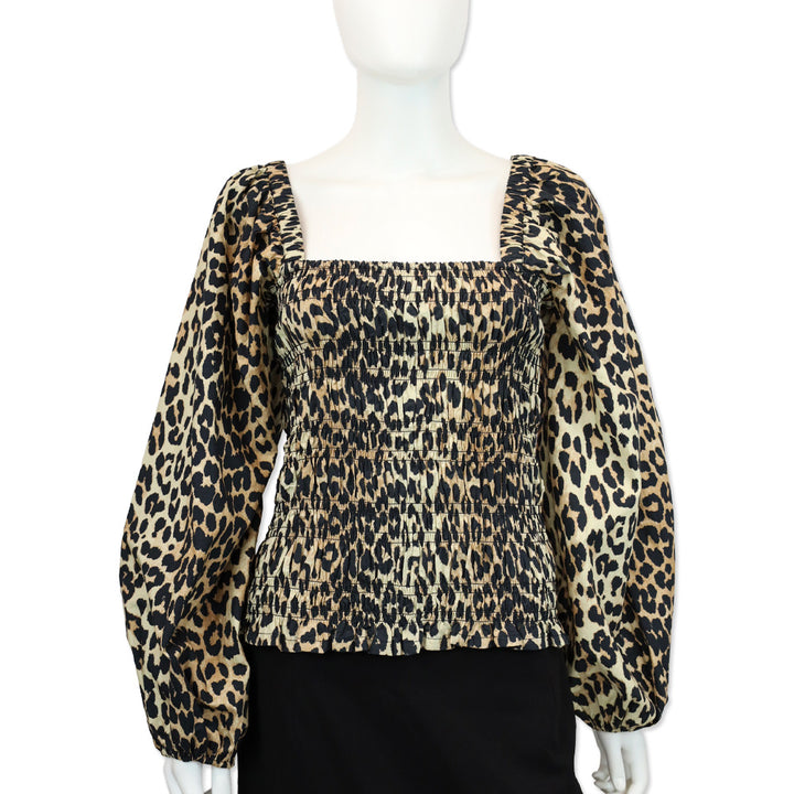 Ganni Leopard-Print Cotton-Poplin Smocked Waist Puff Sleeve Blouse