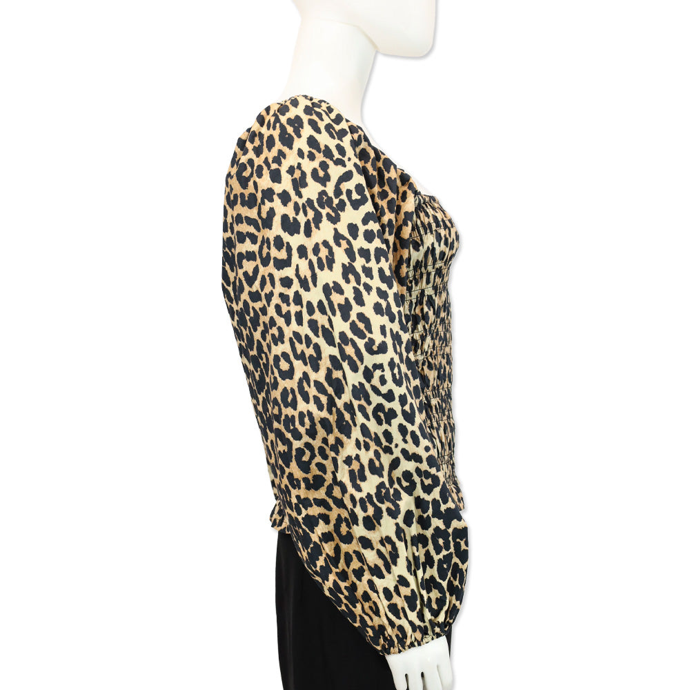 Ganni Leopard-Print Cotton-Poplin Smocked Waist Puff Sleeve Blouse