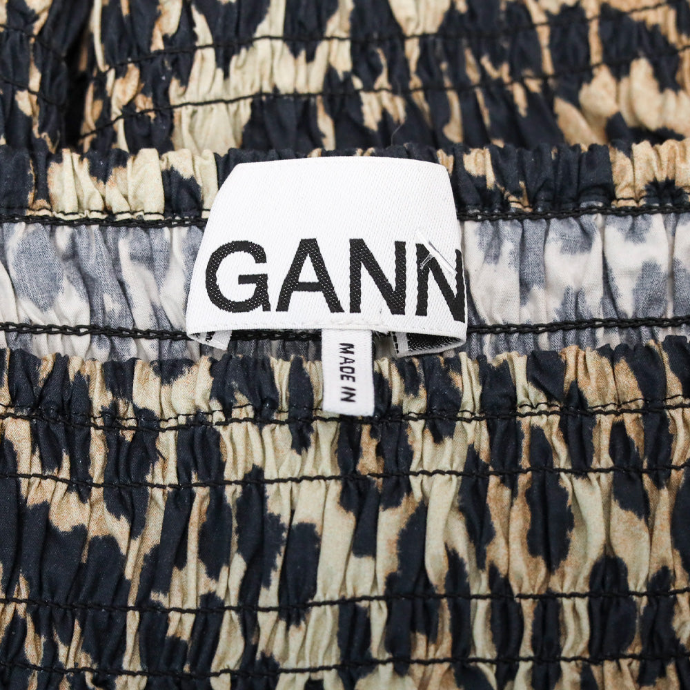 Ganni Leopard-Print Cotton-Poplin Smocked Waist Puff Sleeve Blouse