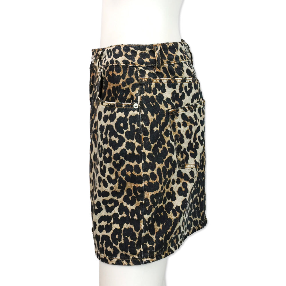 Ganni Leopard Print Denim Mini Skirt