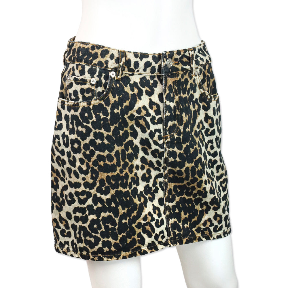 Ganni Leopard Print Denim Mini Skirt