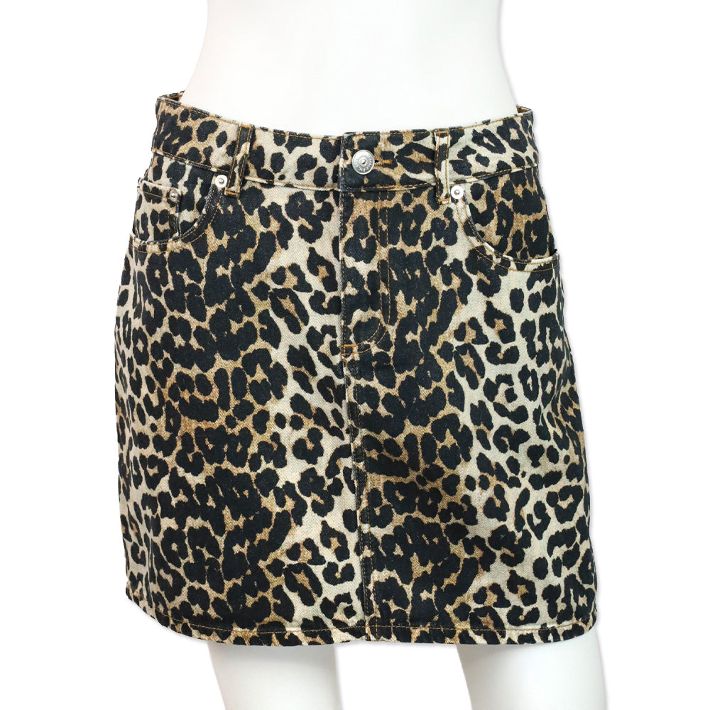 Ganni Leopard Print Denim Mini Skirt