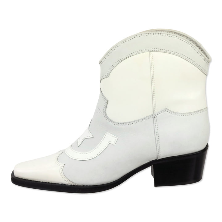 Ganni Meg White Leather Cowboy Western Ankle Boots