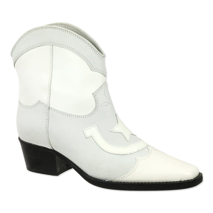 Ganni Meg White Leather Cowboy Western Ankle Boots