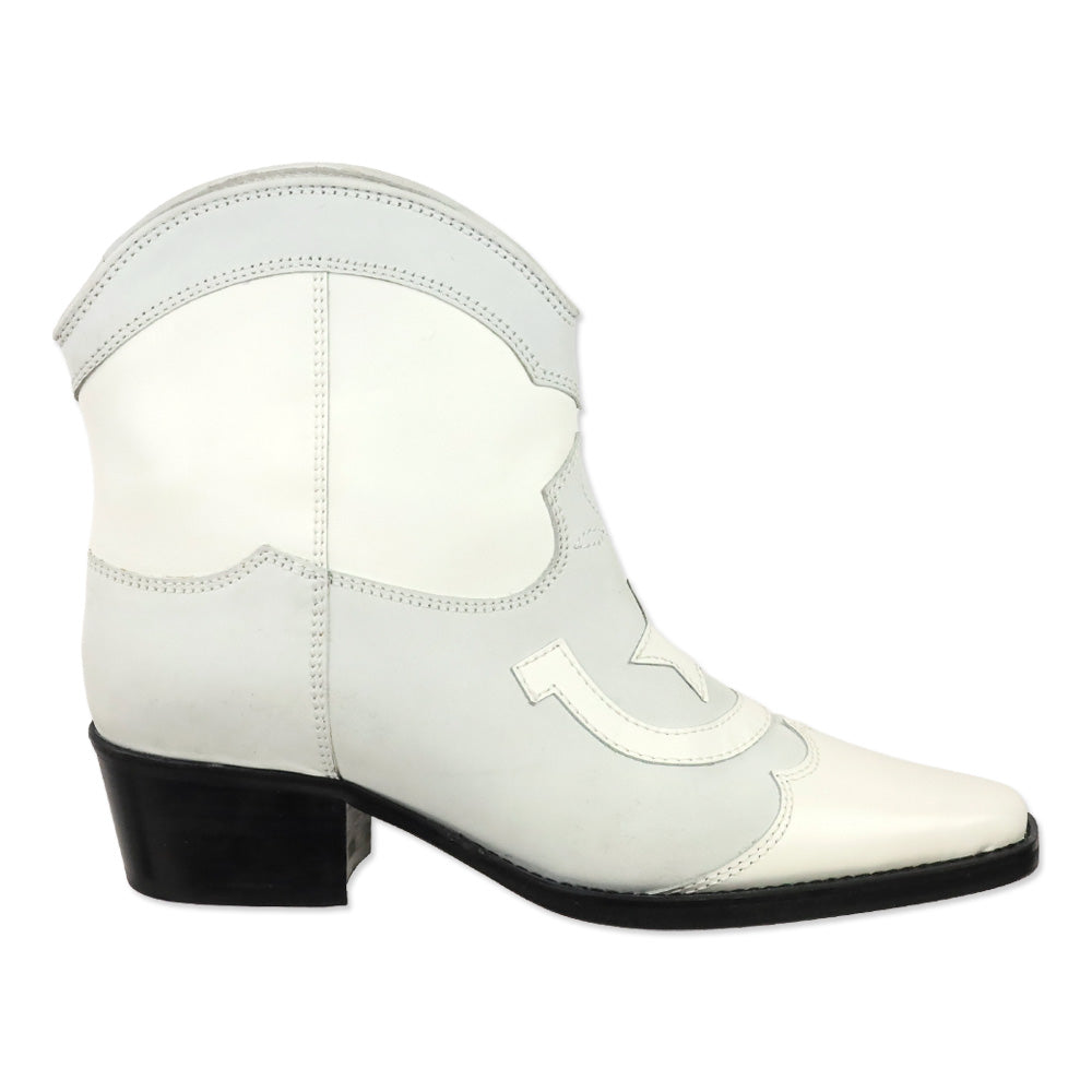 Ganni Meg White Leather Cowboy Western Ankle Boots