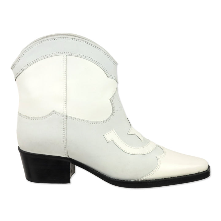 Ganni Meg White Leather Cowboy Western Ankle Boots