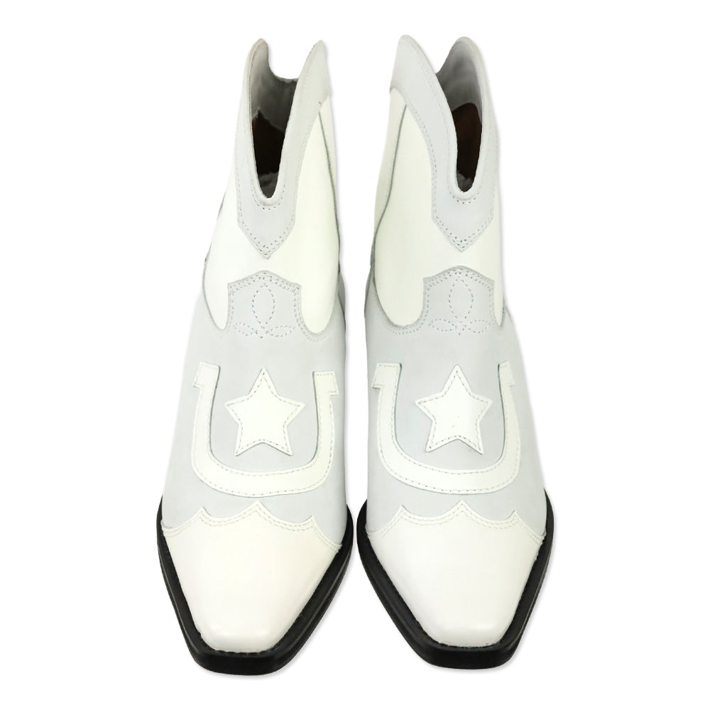 Ganni Meg White Leather Cowboy Western Ankle Boots