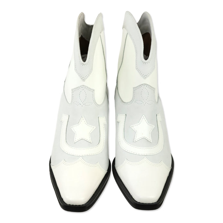 Ganni Meg White Leather Cowboy Western Ankle Boots