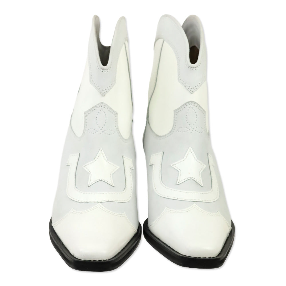 Ganni Meg White Leather Cowboy Western Ankle Boots