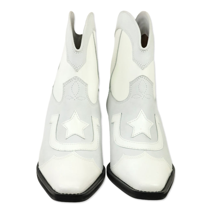 Ganni Meg White Leather Cowboy Western Ankle Boots