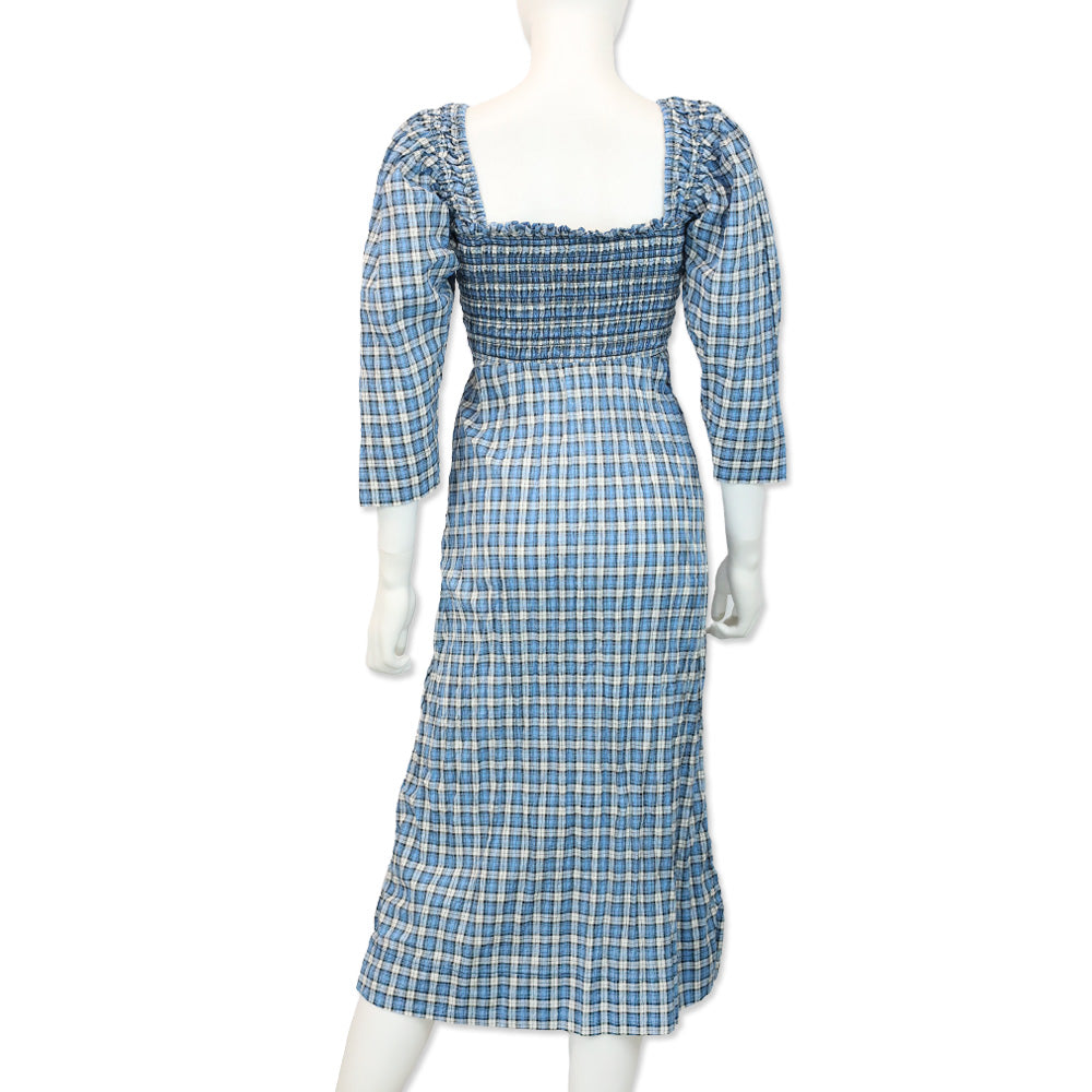 Ganni Seersucker Blue Check Cotton-Blend Shirred Midi Dress | DBLTKE Luxury Consignment Boutique Ganni Seersucker Blue Check Cotton-Blend Shirred Midi Dress | DBLTKE Luxury Consignment Boutique