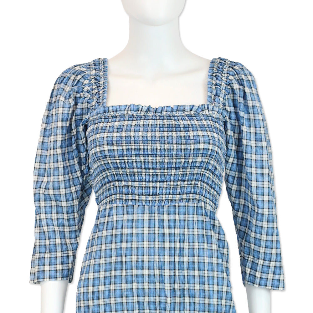 Ganni Seersucker Blue Check Cotton-Blend Shirred Midi Dress | DBLTKE Luxury Consignment Boutique Ganni Seersucker Blue Check Cotton-Blend Shirred Midi Dress | DBLTKE Luxury Consignment Boutique