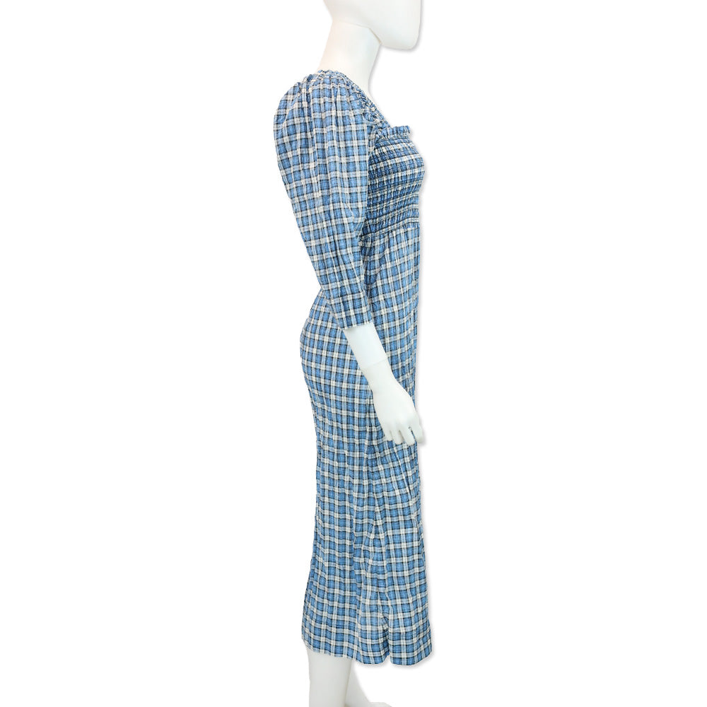 Ganni Seersucker Blue Check Cotton-Blend Shirred Midi Dress | DBLTKE Luxury Consignment Boutique Ganni Seersucker Blue Check Cotton-Blend Shirred Midi Dress | DBLTKE Luxury Consignment Boutique