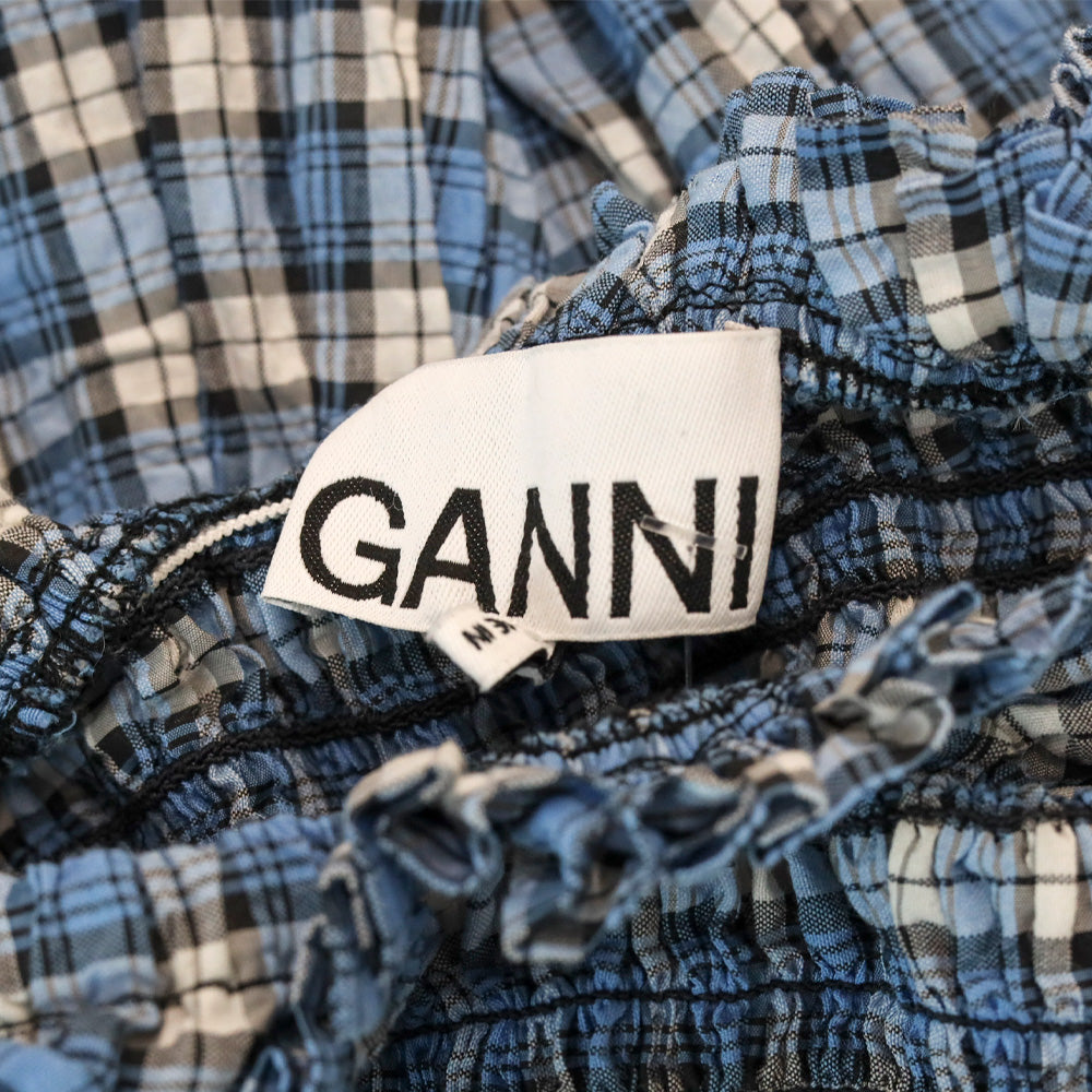 Ganni Seersucker Blue Check Cotton-Blend Shirred Midi Dress | DBLTKE Luxury Consignment Boutique Ganni Seersucker Blue Check Cotton-Blend Shirred Midi Dress | DBLTKE Luxury Consignment Boutique