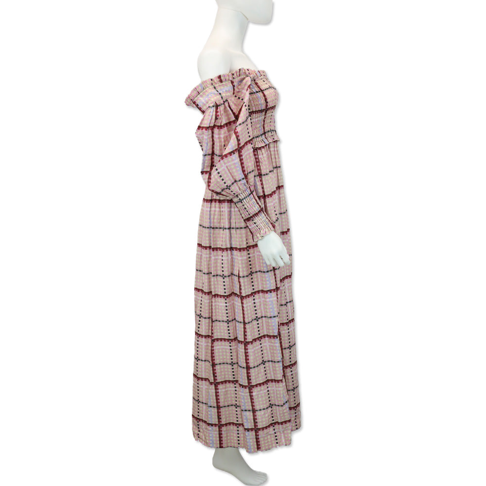 Ganni Shirred Moonlight Mauve Pink Check Cotton-Blend Maxi Dress | DBLTKE Luxury Consignment Boutique Ganni Shirred Moonlight Mauve Pink Check Cotton-Blend Maxi Dress | DBLTKE Luxury Consignment Boutique