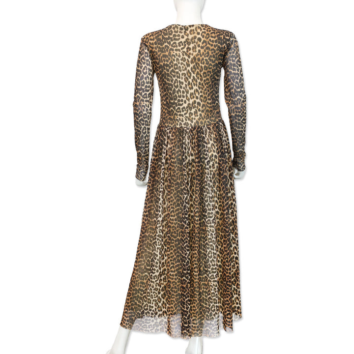 Ganni Tilden Mesh Leopard-Print Long Sleeve Maxi Dress