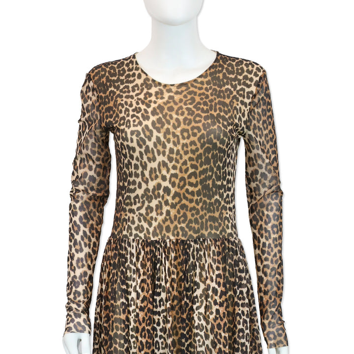 Ganni Tilden Mesh Leopard-Print Long Sleeve Maxi Dress