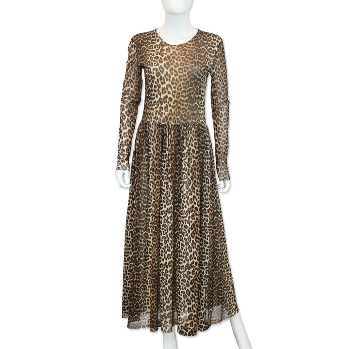 Ganni Tilden Mesh Leopard-Print Long Sleeve Maxi Dress