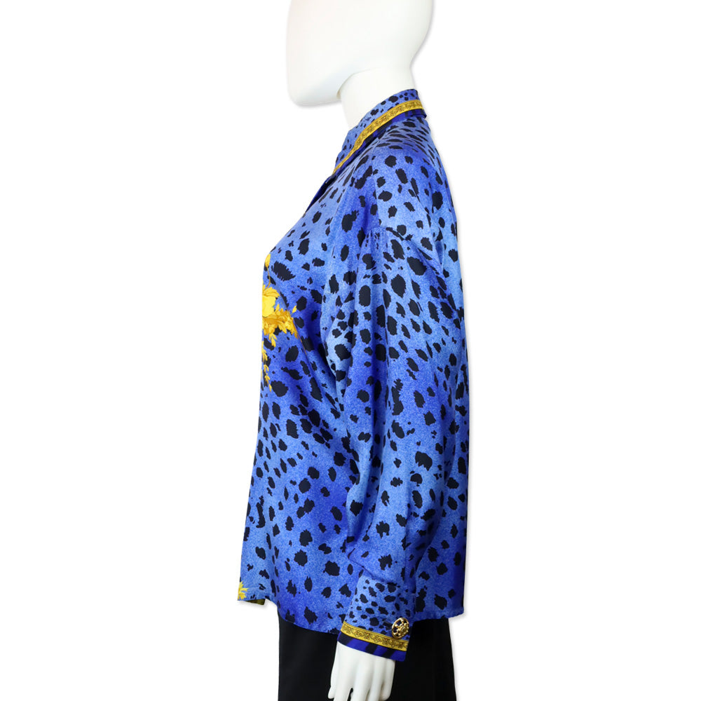 Ganni Versace 1990s Blue Cheetah & Gold Baroque Print Silk Button Blouse With Gold Buttons